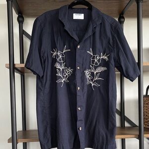 Men's Dark Blue Floral Embroidered Shirt